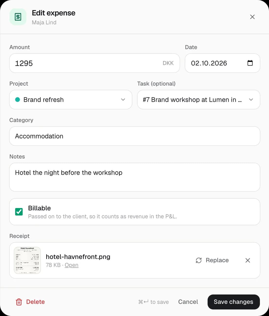 Editing an expense on the web: 1,295 kr. on 2 October, project Brand refresh, task #7 Brand workshop at Lumen in Aarhus, category Accommodation, billable, with the hotel receipt attached