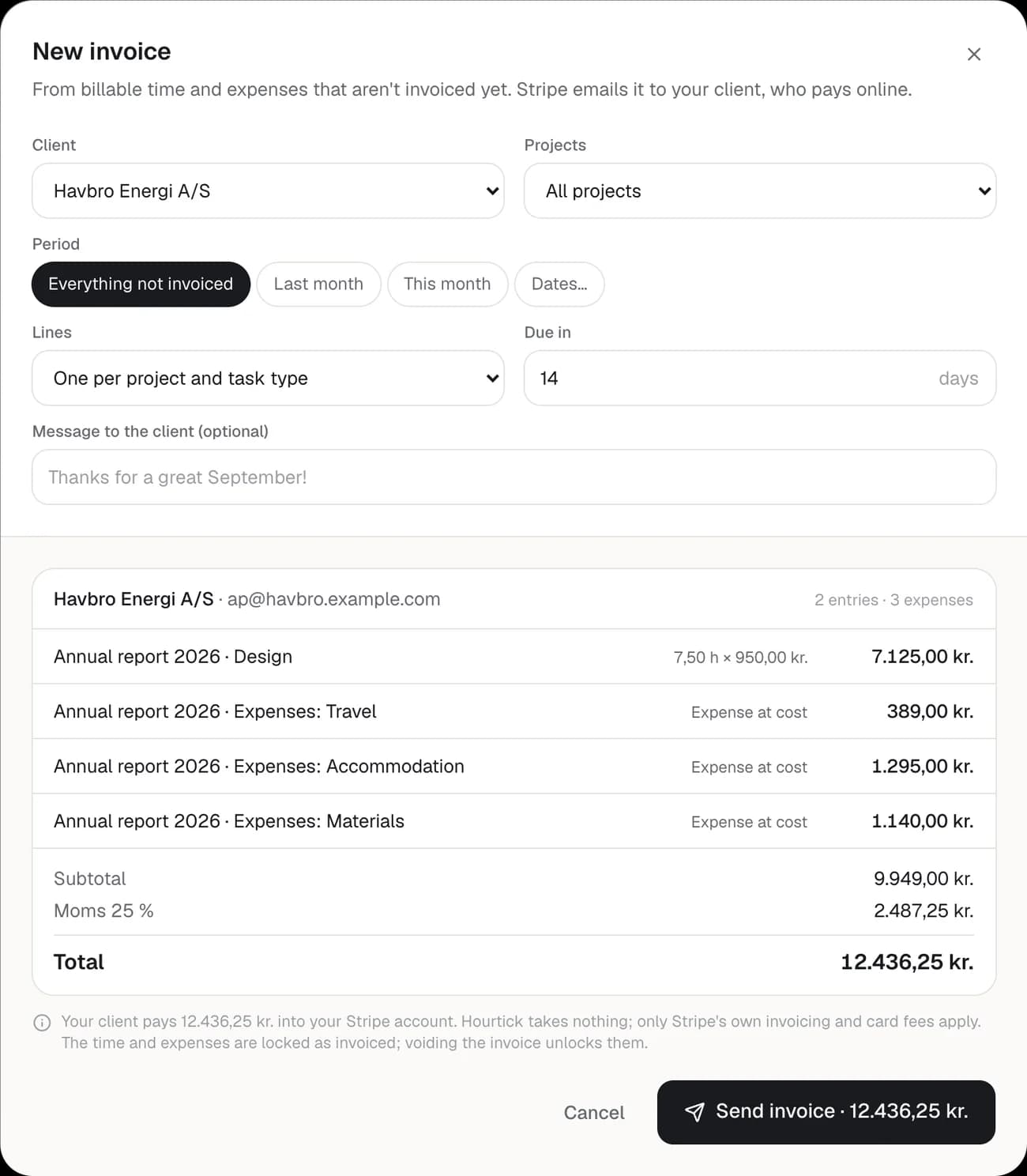 A new invoice to Havbro Energi A/S: 7.5 hours of design and three expense lines at cost (travel, accommodation, materials), VAT and a total of 12,436.25 kr.