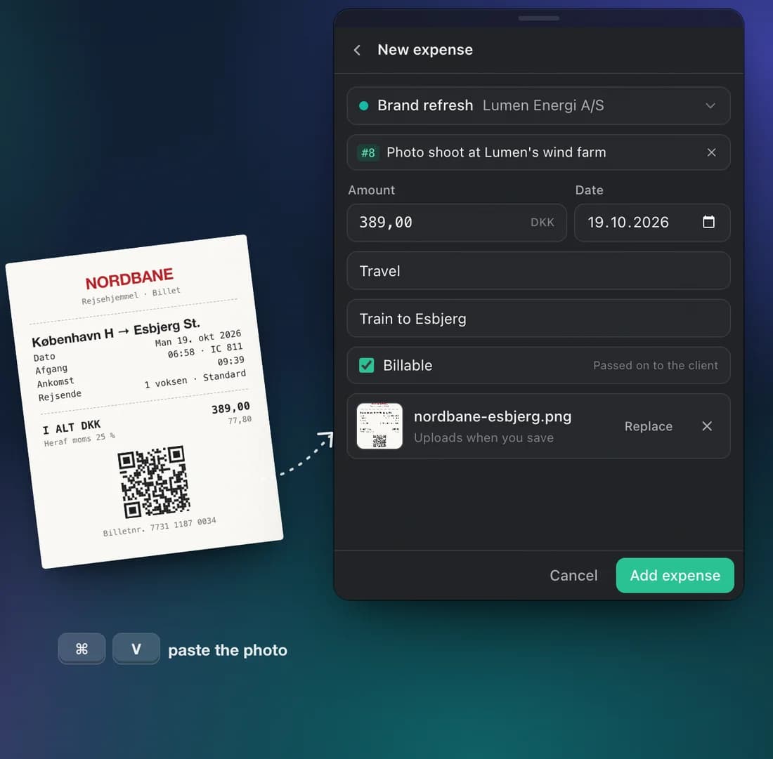 A new expense in the Hourtick menu bar timer: 389 kr. on Brand refresh, task #8 Photo shoot at Lumen's wind farm, with a train ticket pasted in as the receipt
