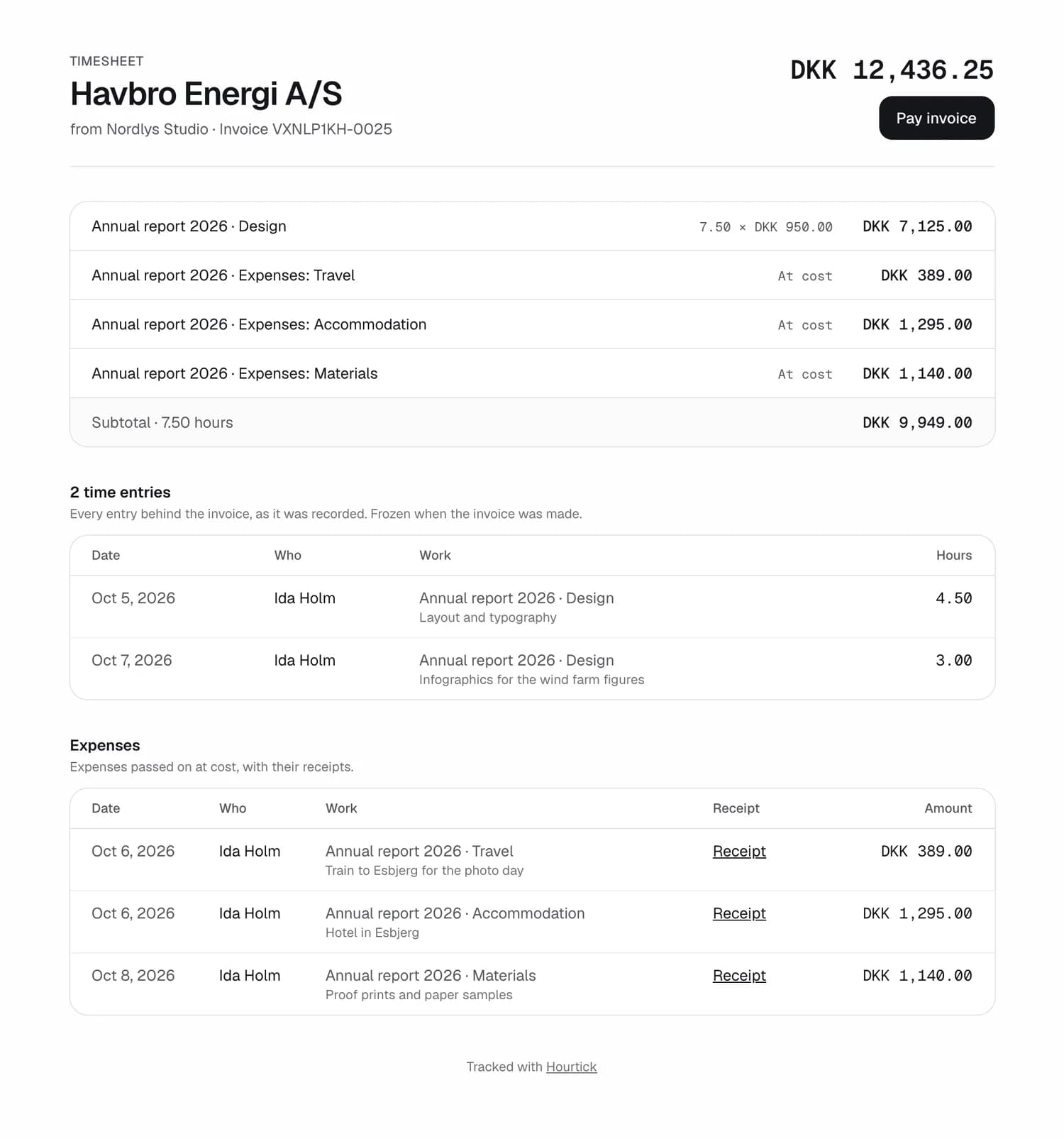 The client's timesheet page for the invoice: the lines, the time entries, and the expenses with a link to each receipt